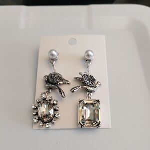Oscar De La Renta Signed Silver Bird Dangle Crystal Earrings Pierced Post